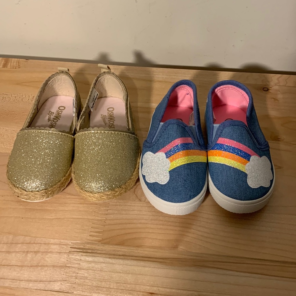 2 Pair Baby Size 5 Casual Slip On Shoe Sparkly Gold And Denim w. Sparkly Rainbow